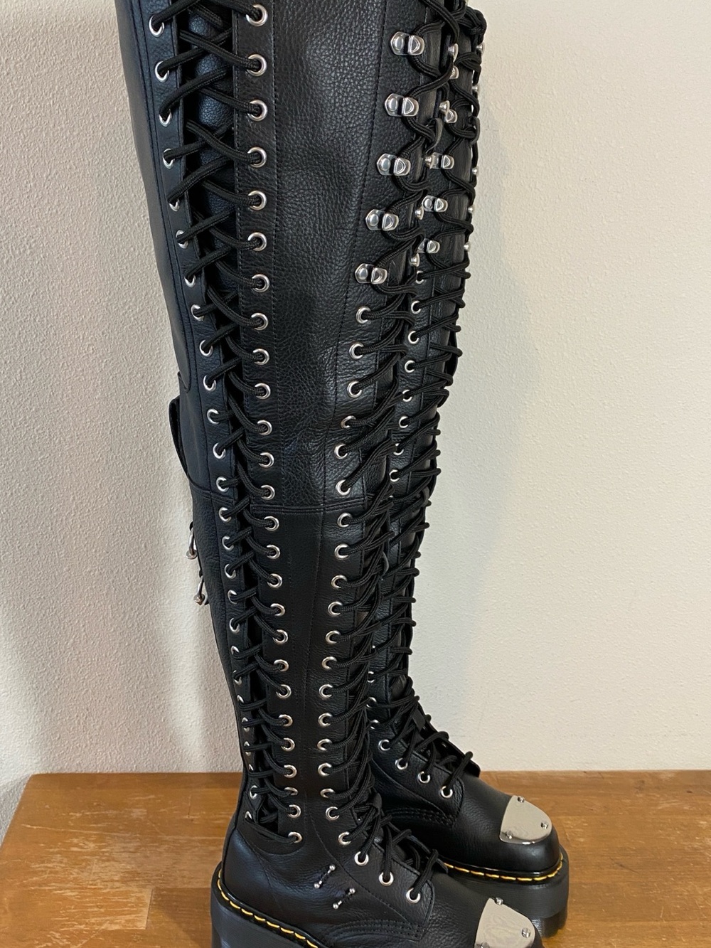 Dr Martens 28-Eye Extreme Max Virginia Leather Black Thigh High Boots - Size 5